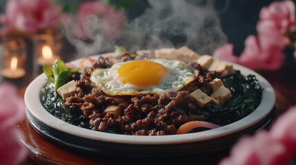 Korean Bibimbap with Sunny-Side-Up Egg and Tofu