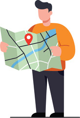 Person holding map with location pin in flat vector illustration