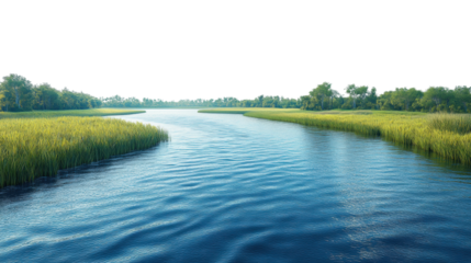 Serene river flowing through lush green marshlands nature scene