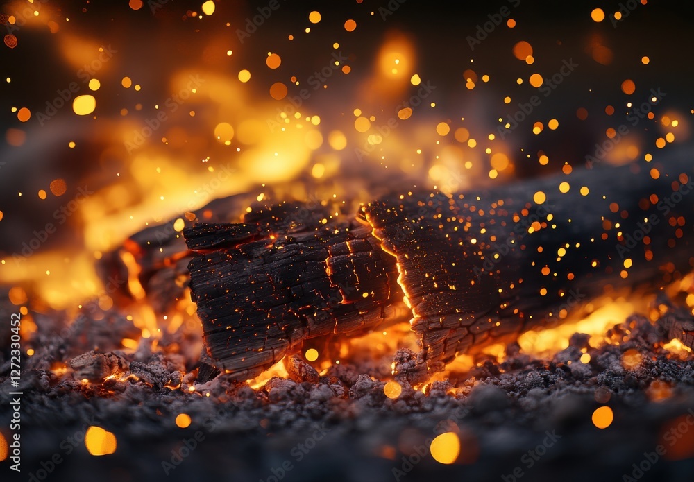 Poster glowing embers and sparkling ashes from a burning firewood log in a dark surrounding background