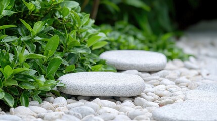 Fototapeta premium Zen garden path, stepping stones, white pebbles, green shrubs, tranquility