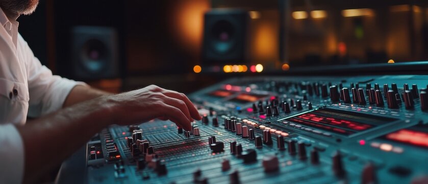 Closeup of male audio engineer or sound technician adjusting sound levels on a mixing console in a professional recording studio at night Concept of music production, sound engineering, and audio tech