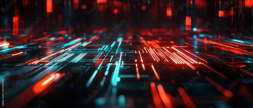 Poster futuristic technological background with glowing red and teal lines forming a complex network or cir