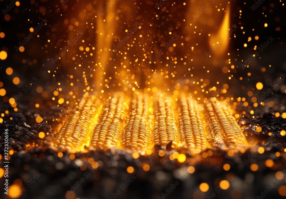 Poster glowing golden particles dancing in air over dark surface with flickering flames and bright sparks c