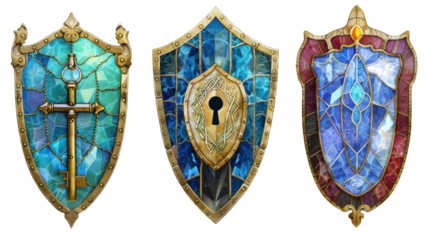 Colorful stained glass shields featuring intricate designs and symbols, set against a white background