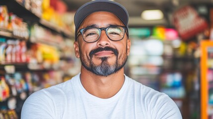 Fototapeta premium Smiling Hispanic man in a convenience store. Positive, friendly vibes.
