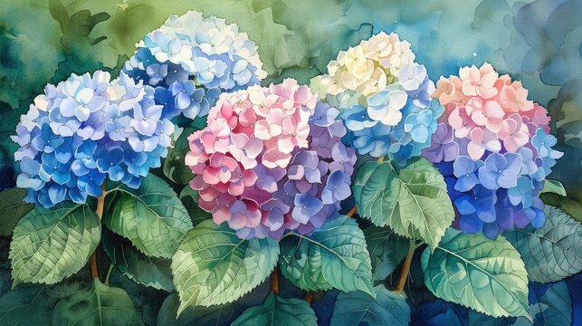 Beautiful watercolor painting of blooming hydrangea flowers in vibrant colors.