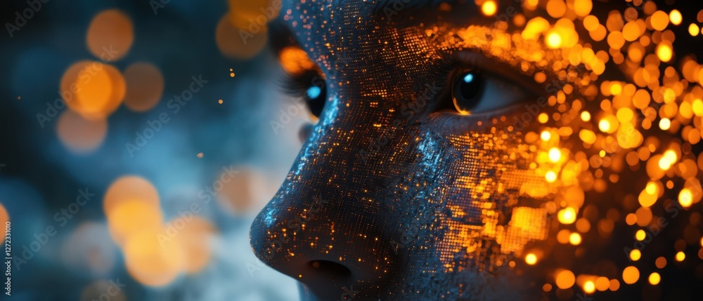 Poster closeup of persons face with digital overlay and bokeh effect, showcasing futuristic technology, art