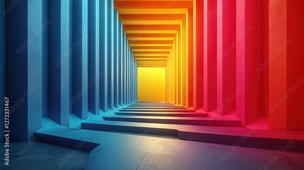 Poster chromatic corridor, an abstract tunnel of gradient light and structure