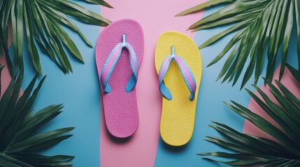 Flip-flops, palms, summer, pastel, background