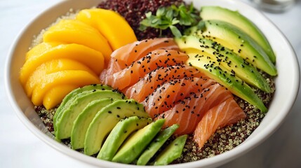Modern twist a poke bowl featuring quinoa smoked salmon mango and avocado slices