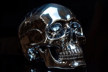 shiny human skull in metal on black background