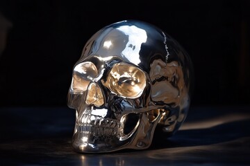 shiny human skull in metal on black background