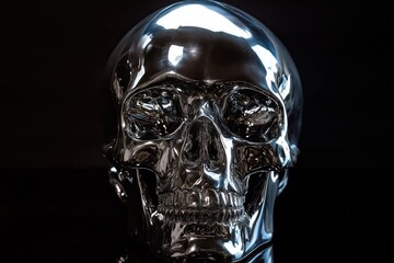 shiny human skull in metal on black background
