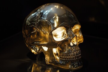 shiny human skull in metal on black background