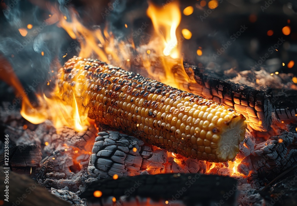 Aufkleber grilled corn cooking over open fire with flames and glowing embers creating a rustic and inviting ou
