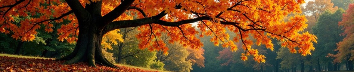 A sprawling beech tree with vibrant golden and copper leaves against a backdrop of muted greenery, deciduous trees, beech tree
