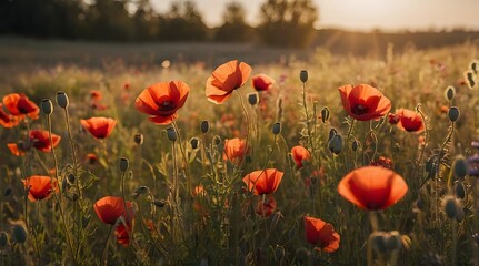 A field of vibrant red poppies bathed in warm sunlight, showcasing the beauty of nature and the tranquility of a summer meadow, with a scenic countryside backdrop and lush greenery