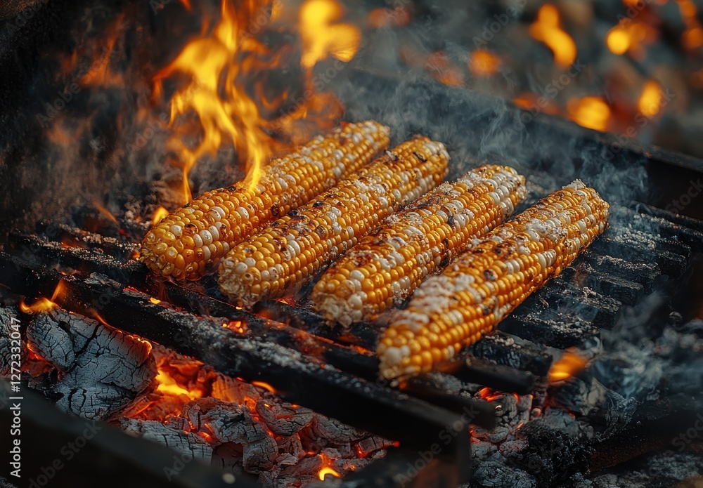 Poster grilled corn on the cob cooking over open flames in a rustic barbecue setting with smoke and charred