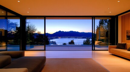 Fototapeta premium A breathtaking sunset view from a modern living room. Floor-to-ceiling windows showcase a stunning mountain range and lake.