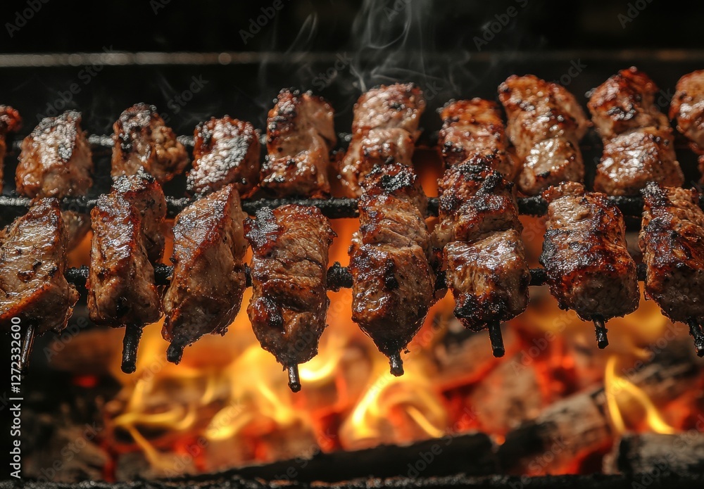 Aufkleber grilled meat skewers cooking over open flame with smoke and charred texture on skewers in a vibrant 