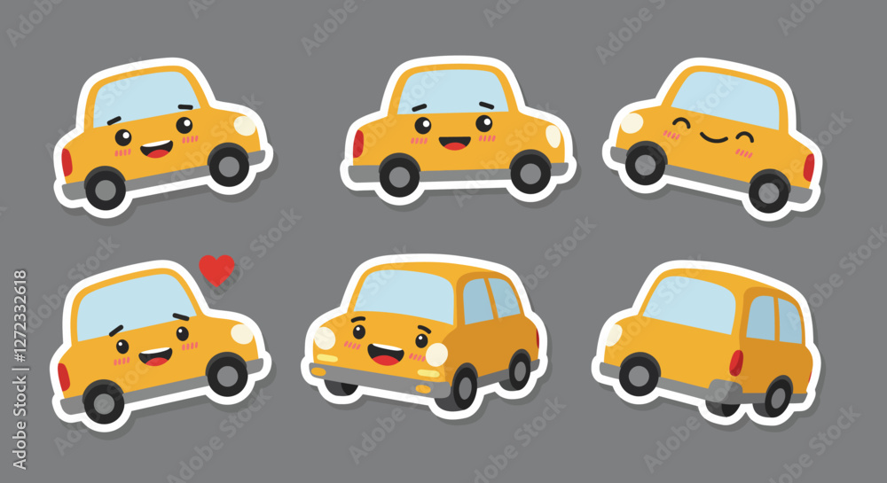 Poster cute smiling yellow cars in flat vector art style showing different emotions and expressions vector 