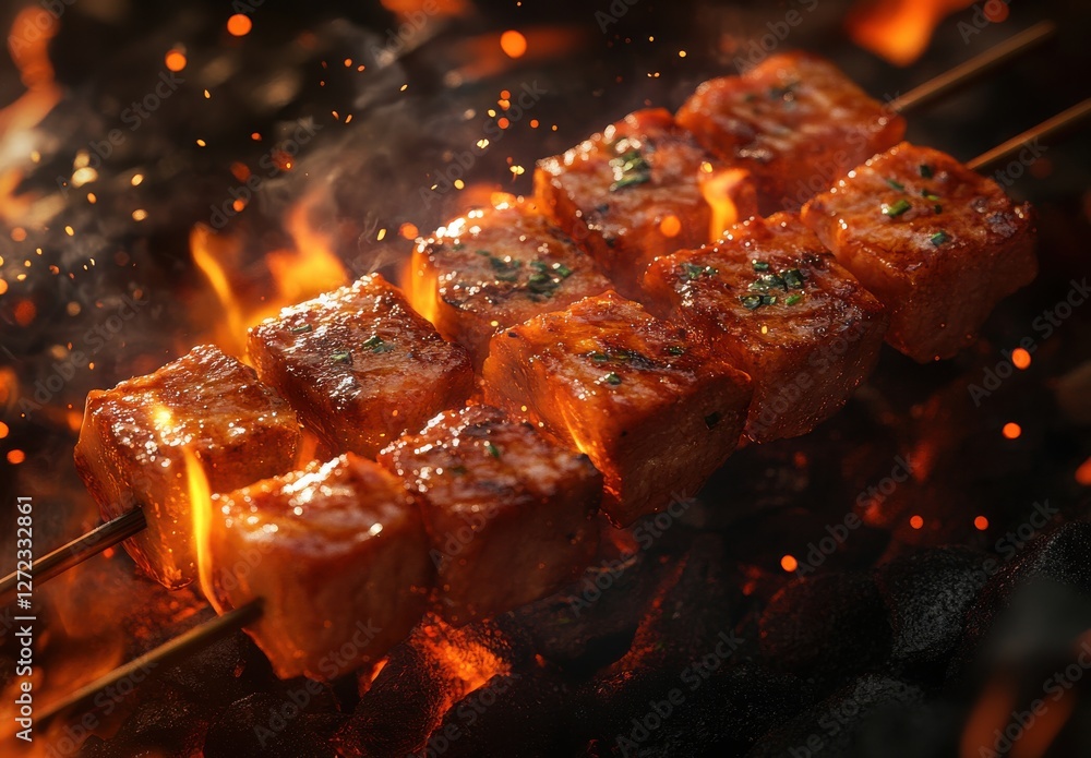 Aufkleber grilled skewers of delicious meat sizzling over an open flame with smoky atmosphere and glorious cha