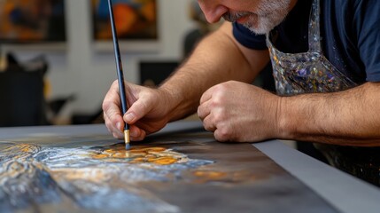 Fototapeta premium A man is painting a picture with a brush