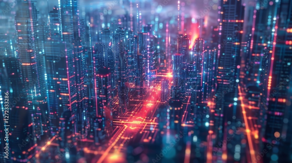 Poster a digital cityscape where streams of data serve as the infrastructure constantly providing informati