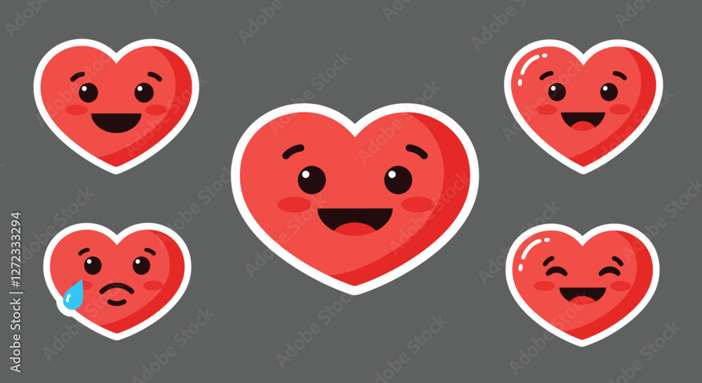 Poster happy heart characters showing different emotions in flat vector art