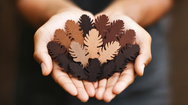 Person holding a collection of small, intricately carved wooden leaves in various shades of brown. A representation of diversity and unity.