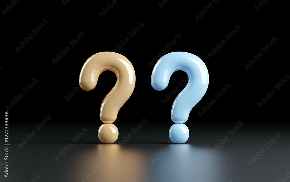 Aufkleber question marks graphic design. two glossy question marks stand side by side against a dark backgroun