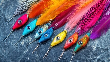 Colorful fishing lures with feathers on stone