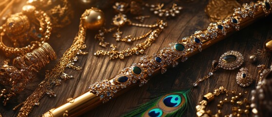 Indian traditional gold jewelry and flute decorated with precious stones and peacock feather on rustic wooden background Concept of luxury, tradition, and craftsmanship