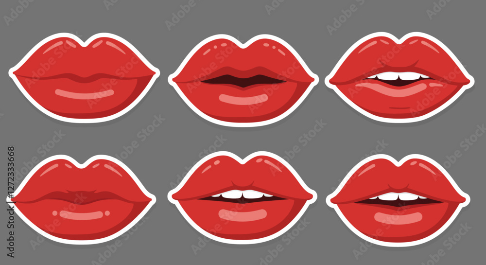 Poster detailed red lips transformation in flat vector art style showcasing various expressions and shapes