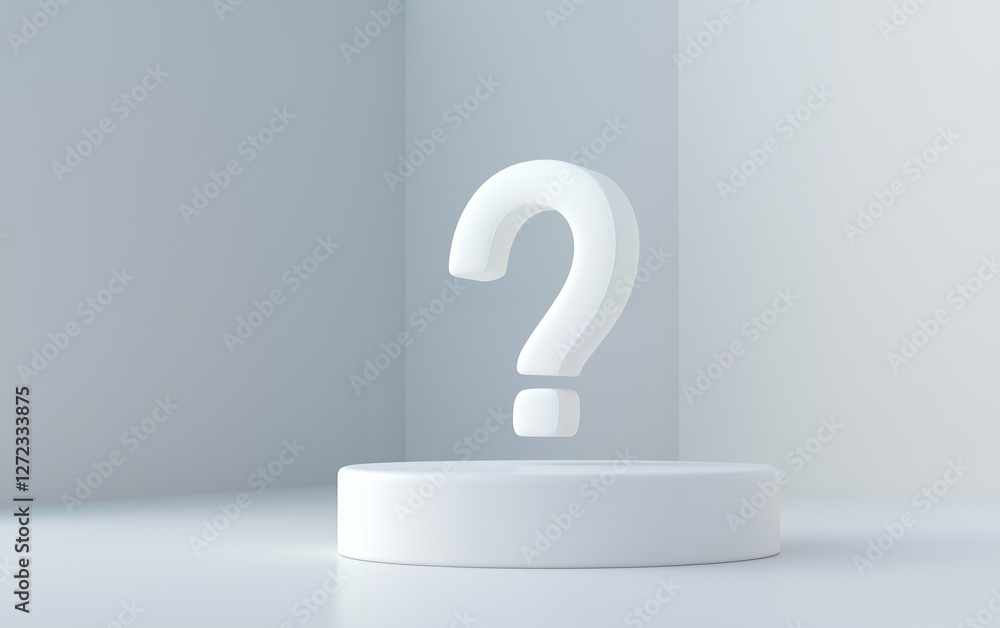 Poster question mark on white podium in abstract setting. question mark graphic design element on a white b