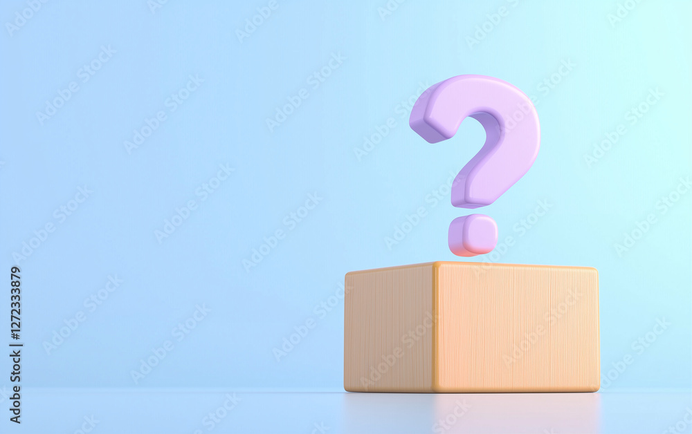 Poster question mark on wooden cube against blue background. 3d rendering of question mark and graphic desi