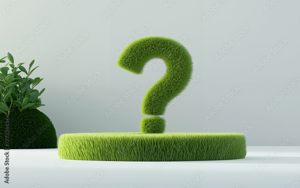 Poster green question mark on grass platform with plant graphic design. question mark covered in grass on a
