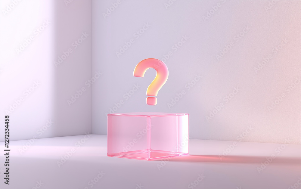 Poster question mark on transparent cube in studio. glowing question mark above pink transparent cube. ques