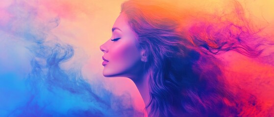Serene young woman with flowing hair in profile against a vibrant, colorful smoke background Concept of beauty, tranquility, and fantasy