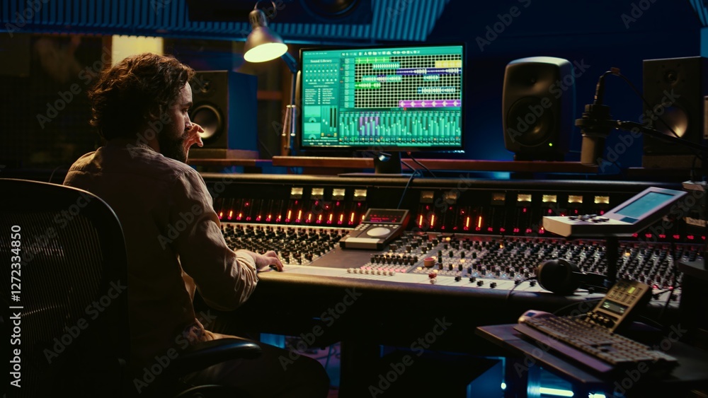 Poster Audio technician uses mixing and mastering techniques in studio to edit and process tracks, working on console with moving faders and colored meters. Sound designer removing white noise. Camera B.
