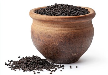 Rustic clay pot filled with black seeds spilling out, showcasing natural textures and earthy tones for culinary or holistic themes