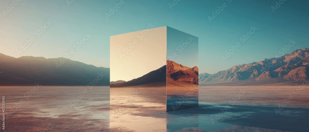Poster Reflective metallic cube in a surreal desert landscape at sunset Mirrored monolith reflecting mountains in a serene, minimalist environment Concepts of illusion, reality, and solitude