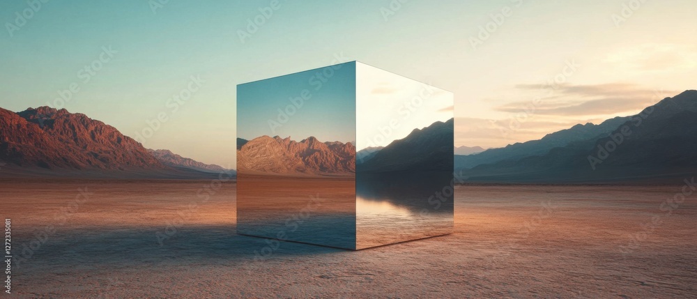 Aufkleber Reflective metallic cube in a vast desert landscape at sunset Surreal mirrored cube reflecting mountains and sky in a barren, desolate environment Concept of illusion, minimalism, and abstract art
