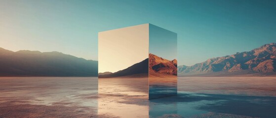 Reflective metallic cube in a surreal desert landscape at sunset Mirrored monolith reflecting mountains in a serene, minimalist environment Concepts of illusion, reality, and solitude