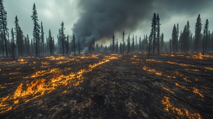 Wildfire Blaze in Forest Area with Smoke and Charred Landscape