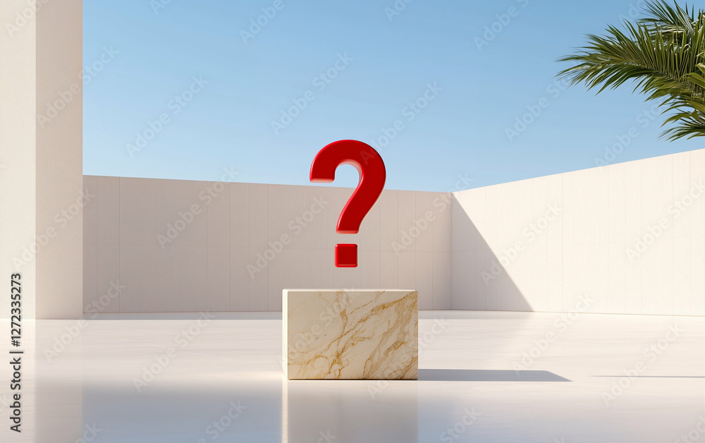 Poster marble block with red question mark graphic on white background. minimal marble design with question