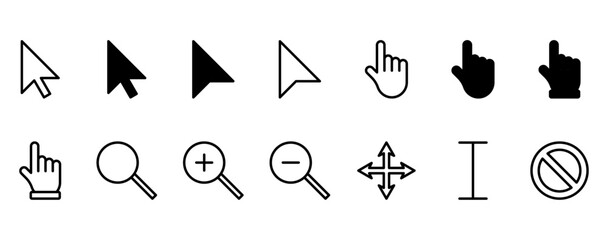 Computer mouse cursor icons set. Mouse pointer and cursor icon set. Variety of computer mouse cursors and pointers.