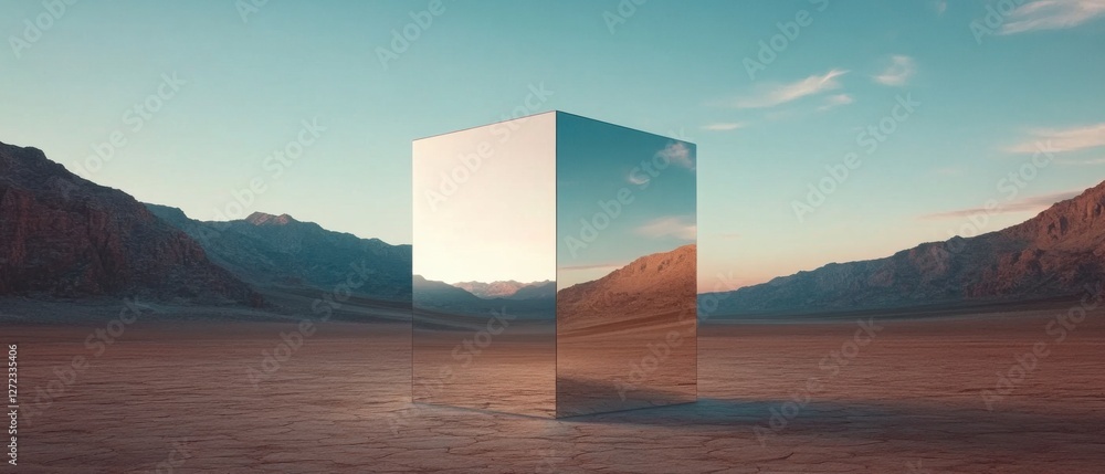 Poster reflective metallic monolith in a barren desert landscape at sunset surreal mirrored cube reflecting