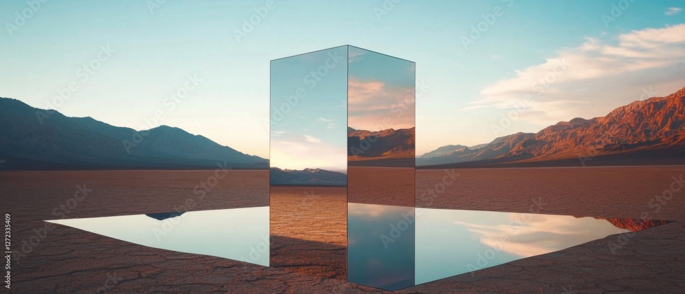Poster reflective metallic monolith in a serene desert landscape at sunset mirrored cube reflecting mountai